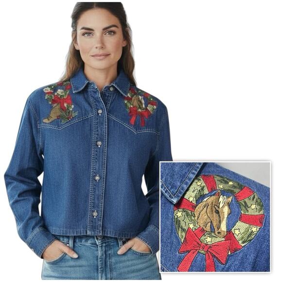 Vintage Tops - VTG Telluride Equestrian Denim Jacket Holiday Horse Embroidered Christmas Party